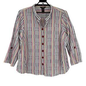 Ali Miles Rainbow Button Up Womens Shirt Sz 3x Roll Tab Coasta Artsy Stripe Boho